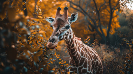 A photo of a standing giraffe eating leavesの素材