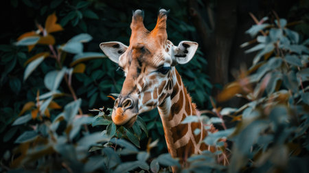 A photo of a standing giraffe eating leavesの素材