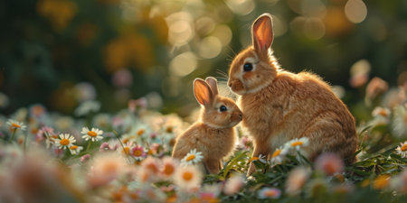 cute baby rabbit with mother in the field, motherhood concept easterの素材