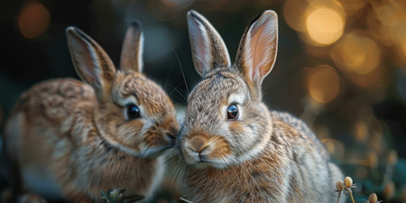 cute baby rabbit with mother in the field, motherhood concept easterの素材