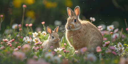 cute baby rabbit with mother in the field, motherhood concept easterの素材