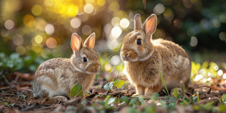 cute baby rabbit with mother in the field, motherhood concept easterの素材