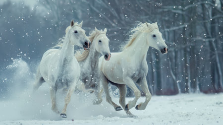 arabian white horses gallop in winter snowの素材