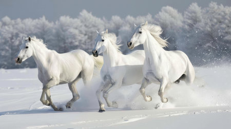 arabian white horses gallop in winter snowの素材