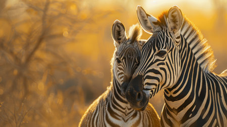 zebra with her foal on grass fieldの素材