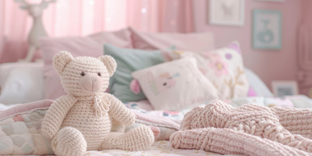 knitted teddybear in girly pastel bedroomの素材