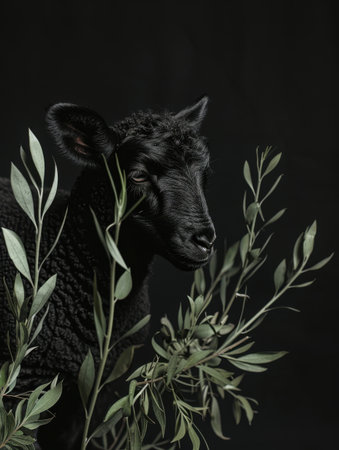 black lamb goat sheep in dark studio, horror conceptの素材