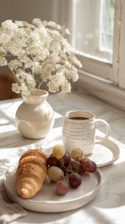 croissant on white table cozy clean kitchenの素材