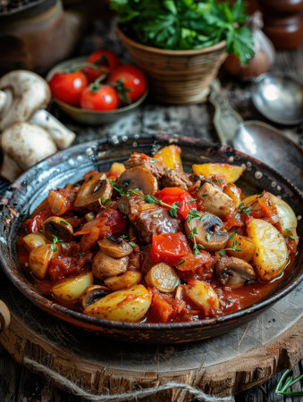 diced beef pot roast with tomato potato and mushroomの素材