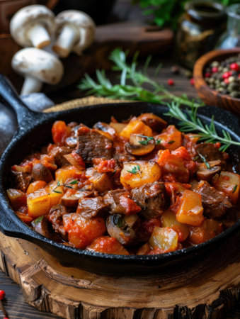 diced beef pot roast with tomato potato and mushroomの素材