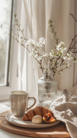 croissant on white table cozy clean kitchenの素材