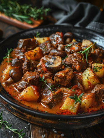 diced beef pot roast with tomato potato and mushroomの素材