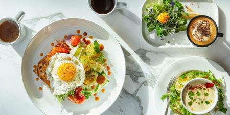 Egg Rossini and Fresh Salad Breakfast, Minimalist Gourmet Brunch on Marble with Coffeeの素材
