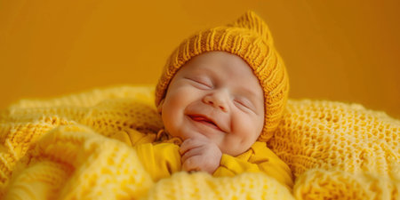 happy newborn baby smile in yellow backgroundの素材