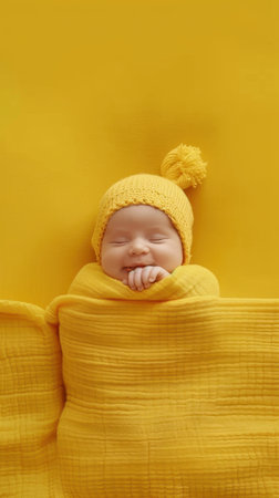 happy newborn baby smile in yellow backgroundの素材