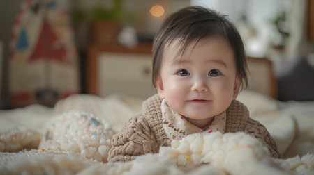 a cute happy Chinese baby Girl on bedの素材