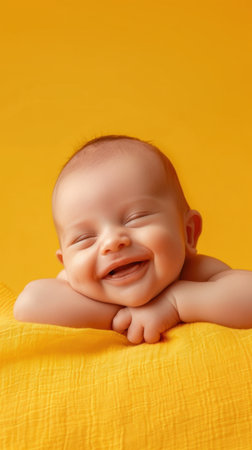 happy newborn baby smile in yellow backgroundの素材