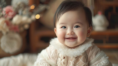 a cute happy Chinese baby Girl on bedの素材