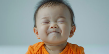 Crying Baby Portrait Unhappy Asian Newborn in Orange Shirtの素材