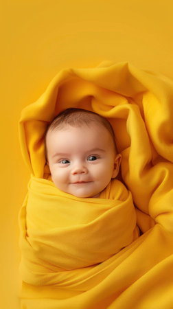 happy newborn baby smile in yellow backgroundの素材