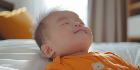 Crying Baby Portrait Unhappy Asian Newborn in Orange Shirtの素材