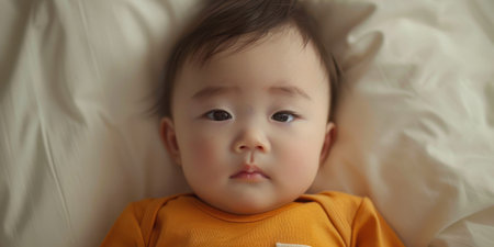 Crying Baby Portrait Unhappy Asian Newborn in Orange Shirtの素材