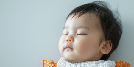 Crying Baby Portrait Unhappy Asian Newborn in Orange Shirtの素材