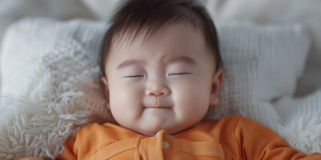Crying Baby Portrait Unhappy Asian Newborn in Orange Shirtの素材
