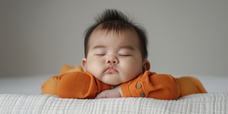 Crying Baby Portrait Unhappy Asian Newborn in Orange Shirtの素材
