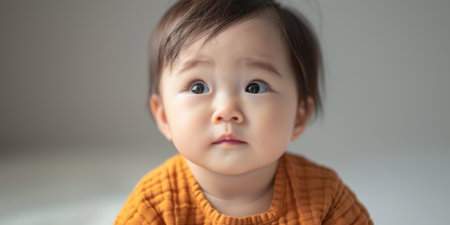Crying Baby Portrait Unhappy Asian Newborn in Orange Shirtの素材