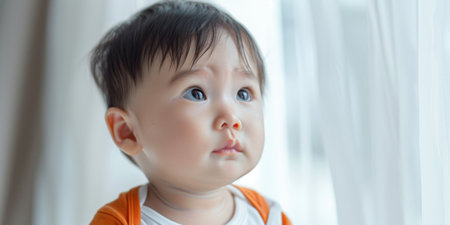 Crying Baby Portrait Unhappy Asian Newborn in Orange Shirtの素材