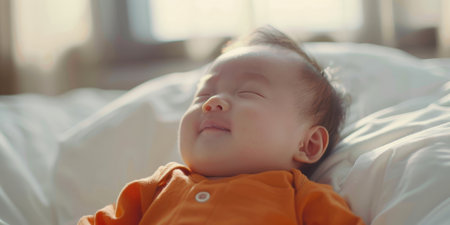 Crying Baby Portrait Unhappy Asian Newborn in Orange Shirtの素材