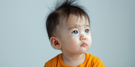Crying Baby Portrait Unhappy Asian Newborn in Orange Shirtの素材