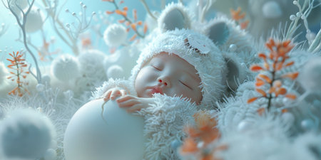 Sleeping Chinese Newborn Baby in Egg with Furry Bunny Hat Pastel 3Dの素材