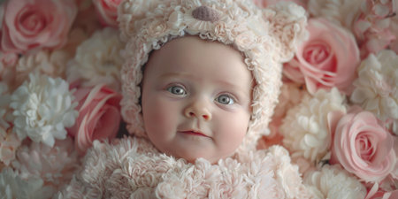 Floral Teddy Bear Outfit Baby Soft Lighting White Pink Luxurious Fabricsの素材