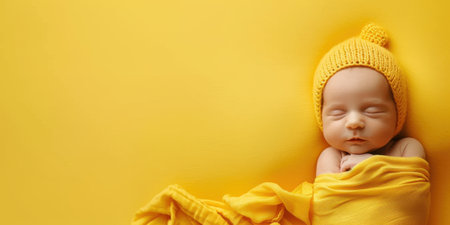 happy newborn baby smile in yellow backgroundの素材