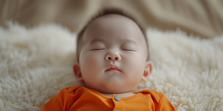 Crying Baby Portrait Unhappy Asian Newborn in Orange Shirtの素材