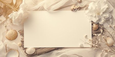 Blank White Wedding Card Mockup Flatlay White Flowers Driftwood Neutral Shells Minimalistの素材