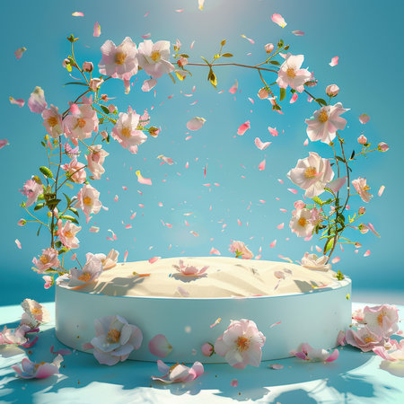 Round Flat Podium Blue Sky Sand Morandi Flowers Falling Petals Product Photography Sunlightの素材