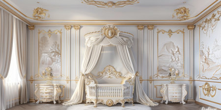 Renaissance Baby Nursery White Gold Baroque Crib Canopy Night Standsの素材