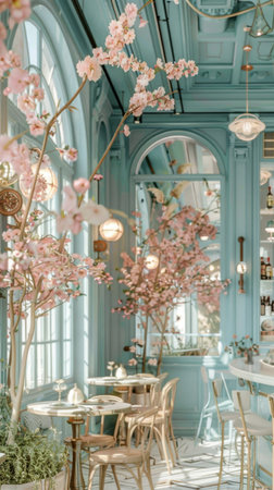 Pastel Blue Cafe restaurant Pink Flowers Vintage Lighting Glass Windows High Ceilingの素材