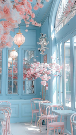 Pastel Blue Cafe restaurant Pink Flowers Vintage Lighting Glass Windows High Ceilingの素材