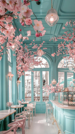 Pastel Blue Cafe restaurant Pink Flowers Vintage Lighting Glass Windows High Ceilingの素材