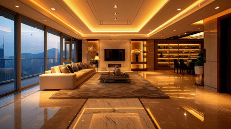 High Rise Modern Living Room Floor to Ceiling Window Foyer Central Sofa Display Wall TV Books Sand Marble Floor Recessed Cove Lighting Wide Angle Panoramic Viewの素材