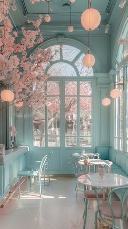 Pastel Blue Cafe restaurant Pink Flowers Vintage Lighting Glass Windows High Ceilingの素材