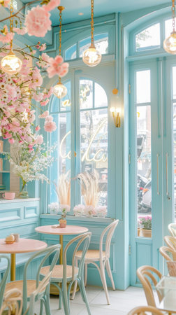 Pastel Blue Cafe restaurant Pink Flowers Vintage Lighting Glass Windows High Ceilingの素材