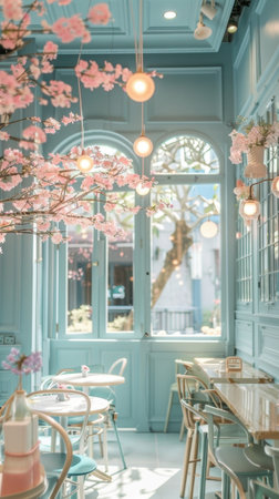 Pastel Blue Cafe restaurant Pink Flowers Vintage Lighting Glass Windows High Ceilingの素材