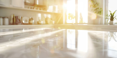 Luxury Kitchen Counter Closeup White Marble Bright Daylight Cozy Blurry Backgroundの素材