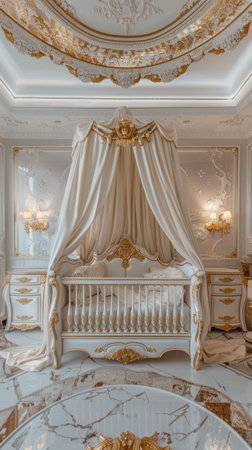 Renaissance Baby Nursery White Gold Baroque Crib Canopy Night Standsの素材