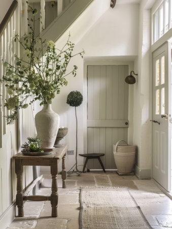 White and Olive Green Country Entrance Hall Elegant Farmhouse Style Refined Simplicityの素材